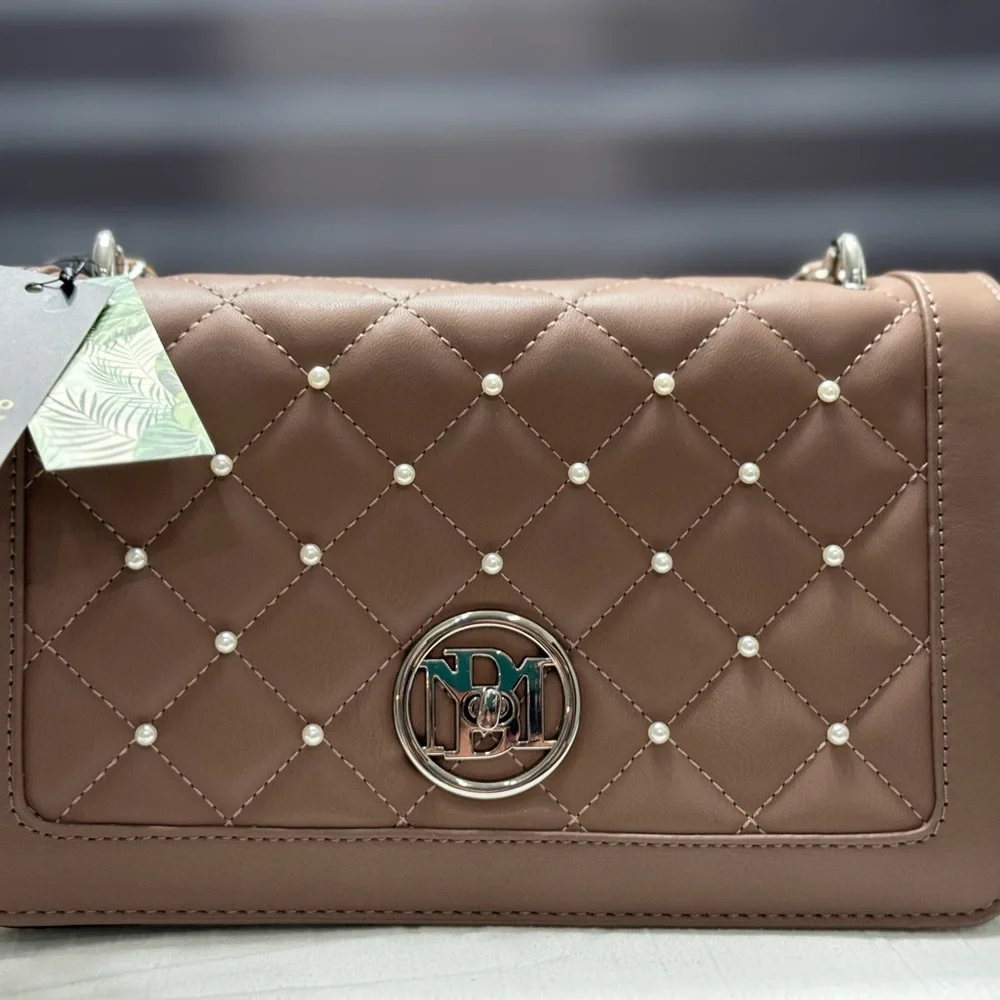 Badgley Mischka Light Brown Quilted Pearl Crossbody Bag